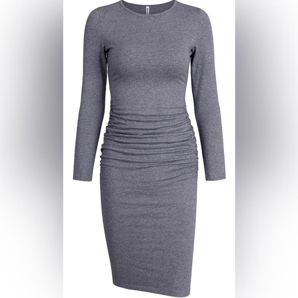 GloryStar Dark Grey Crew Neck Long Sleeve Ruched Sides Sheath Midi Dress Small
